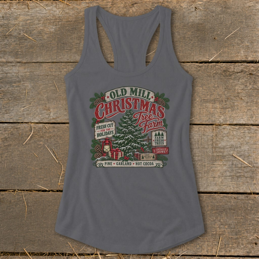Gray tank top with "Old Mill Christmas Tree Farm" graphic, featuring a tree, gifts, and lantern.