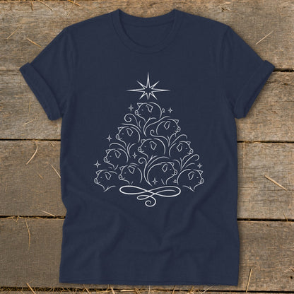 Navy t-shirt with a white line drawing of pigs forming a Christmas tree with a star.