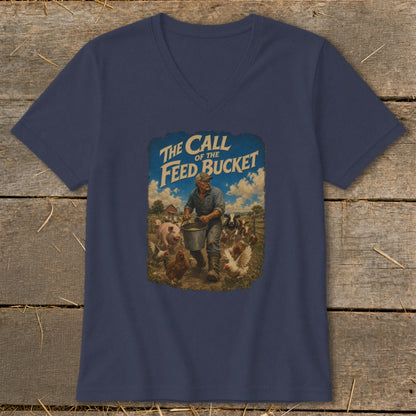 T-shirt graphic with farmer feeding pigs and chickens, text "The Call of the Feed Bucket".