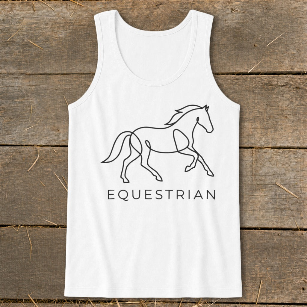 White tank top with black line art of a horse and the word EQUESTRIAN.