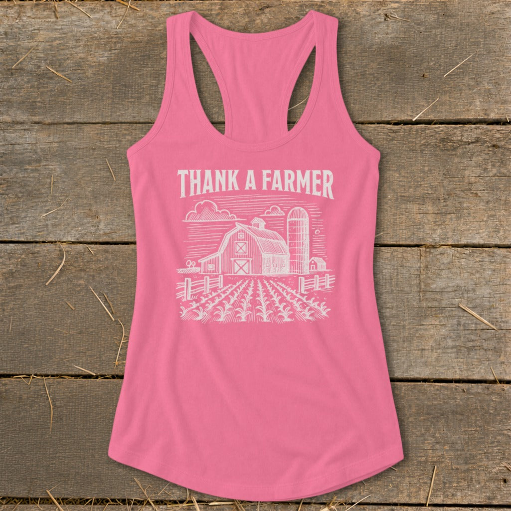 Pink tank top with "Thank a Farmer" text and farm graphic.