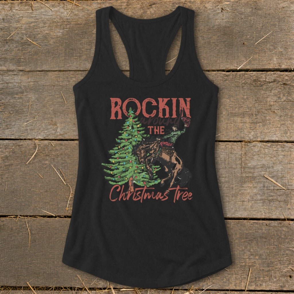 Black tank top with "Rockin Around the Christmas Tree" and a cowboy on a horse.