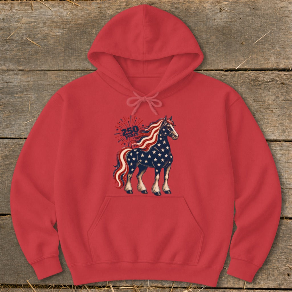 Red hoodie with a horse graphic designed like the American flag and "250 years" text.