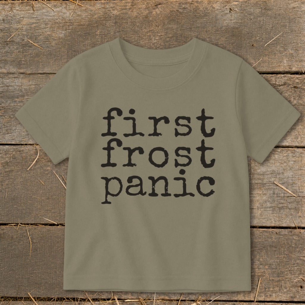 Olive t-shirt with "first frost panic" text in black, distressed font.