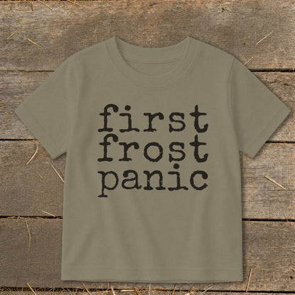 Olive t-shirt with "first frost panic" text in black, distressed font.