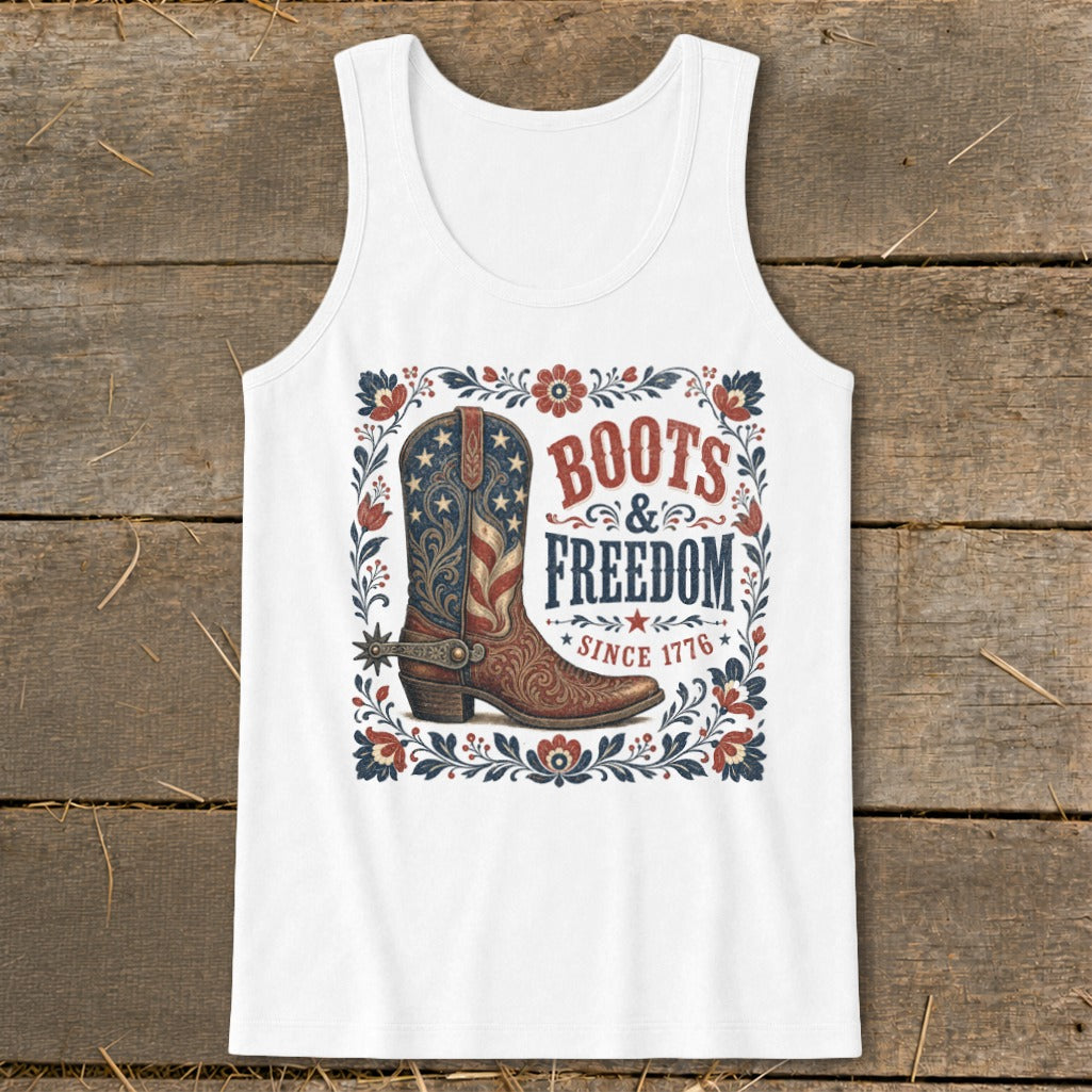 White tank top with a cowboy boot graphic featuring the American flag and text.