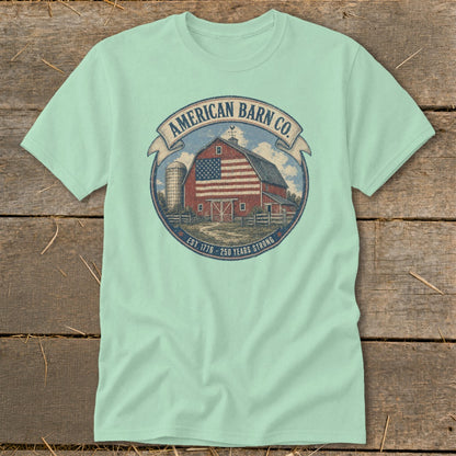 T-shirt with circular American Barn Co. graphic featuring a red barn with US flag.