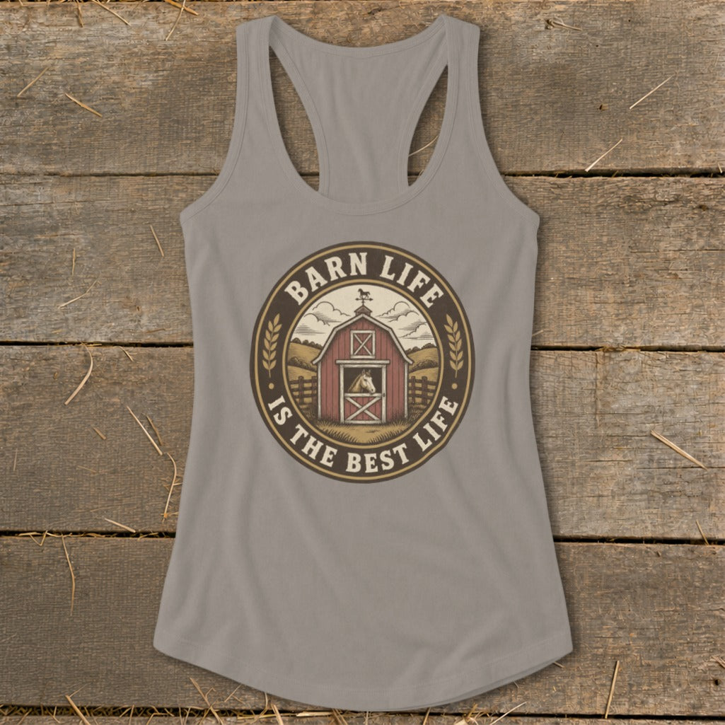 Gray tank top with circular barn graphic reading "Barn Life Is The Best Life".