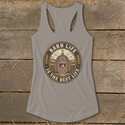 Gray tank top with circular barn graphic reading "Barn Life Is The Best Life".