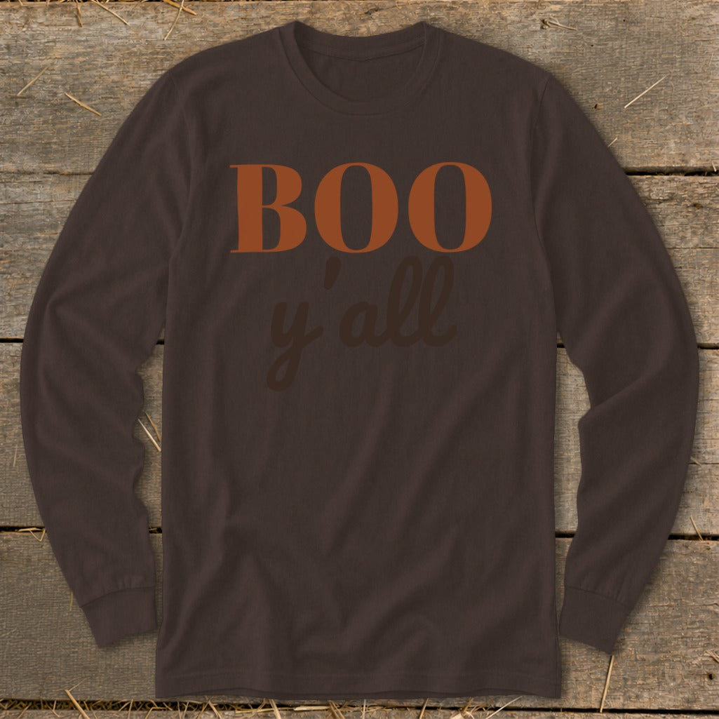 Long sleeve brown t-shirt with "BOO y'all" text in orange and brown.