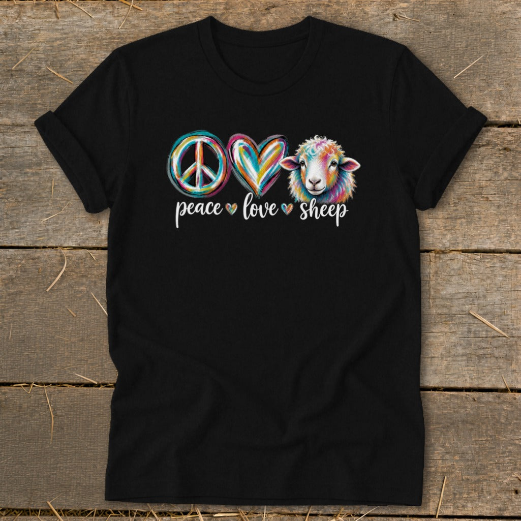 Black t-shirt with colorful peace, love, sheep graphics and text.