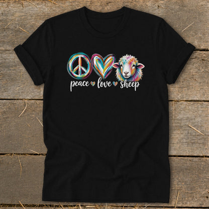 Black t-shirt with colorful peace, love, sheep graphics and text.