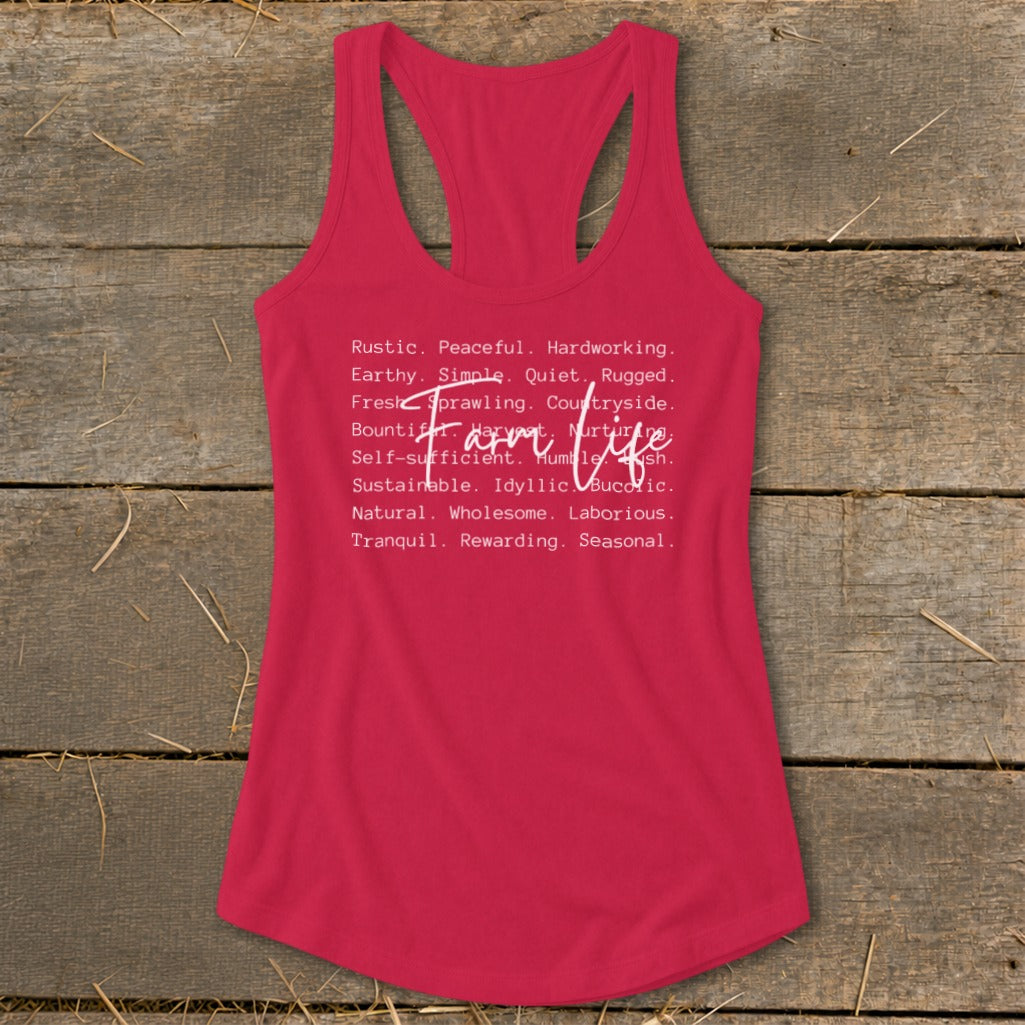 Red tank top with white text "Farm Life" and descriptive words.