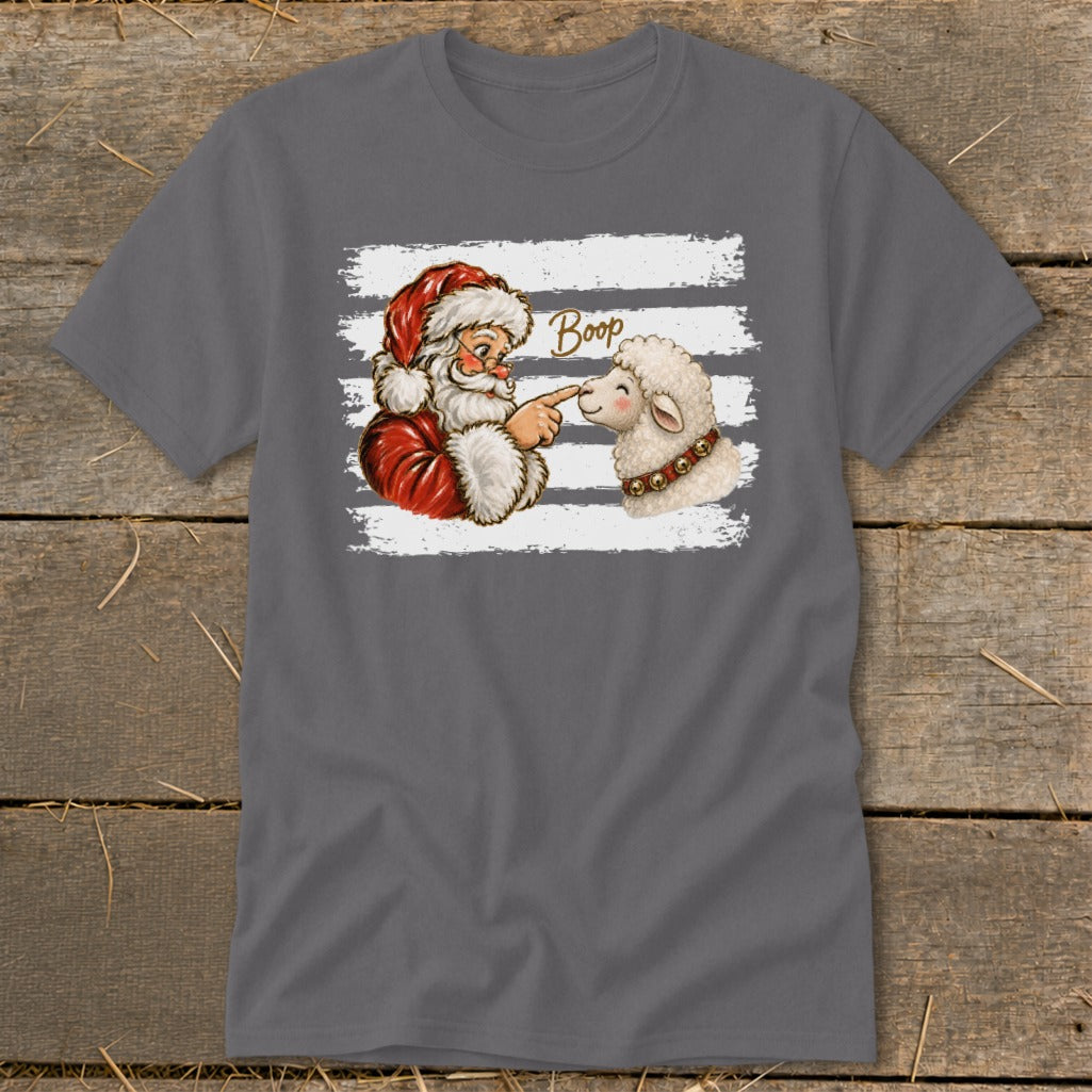Santa booping a sheep with the word "Boop" written above.