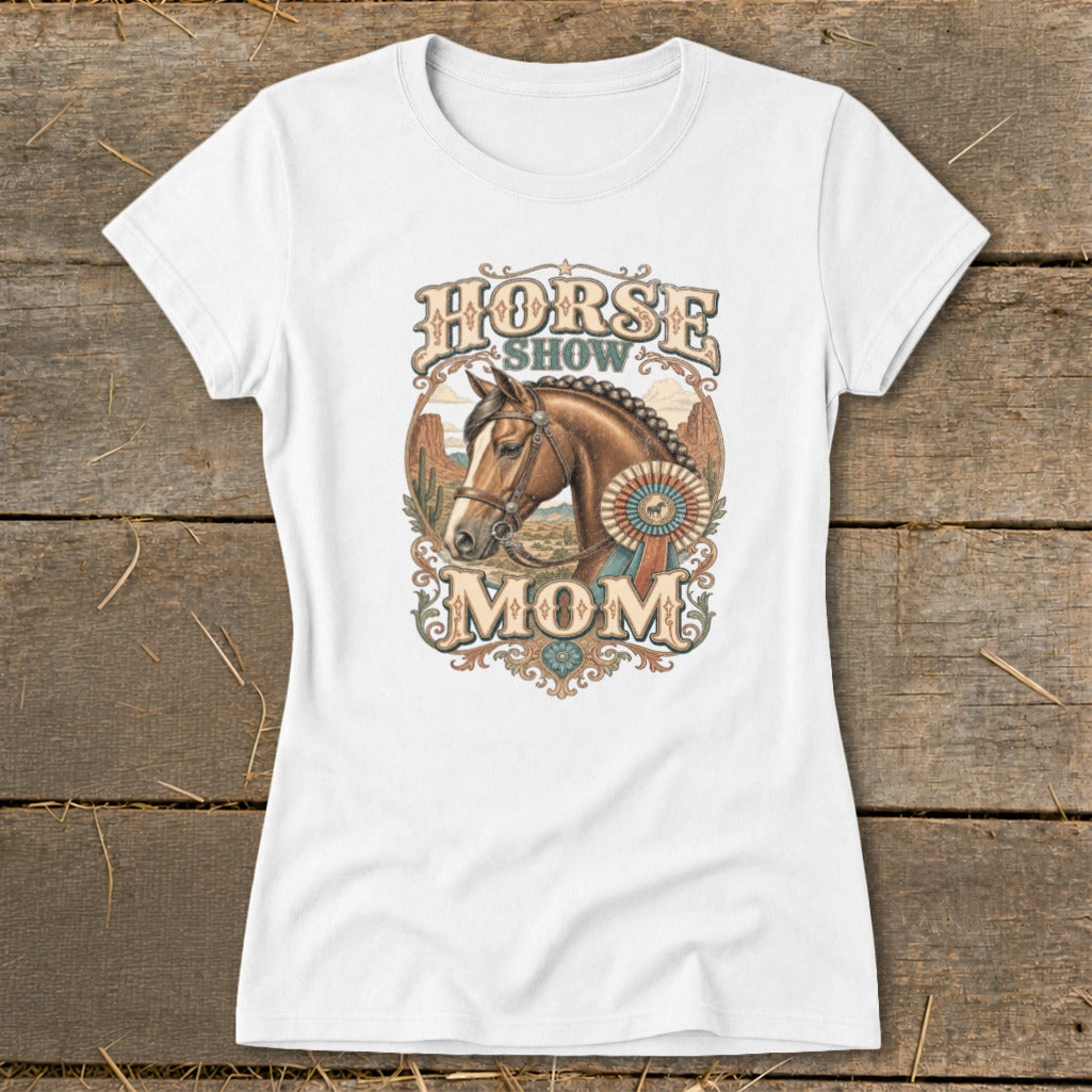 White t-shirt with "Horse Show Mom" graphic featuring a horse and award ribbon.