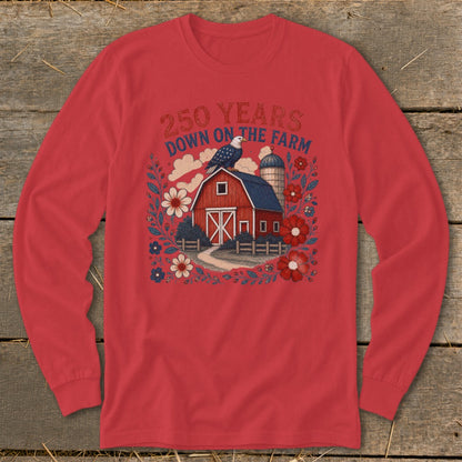 Red long sleeve shirt with 250 years down on the farm graphic.
