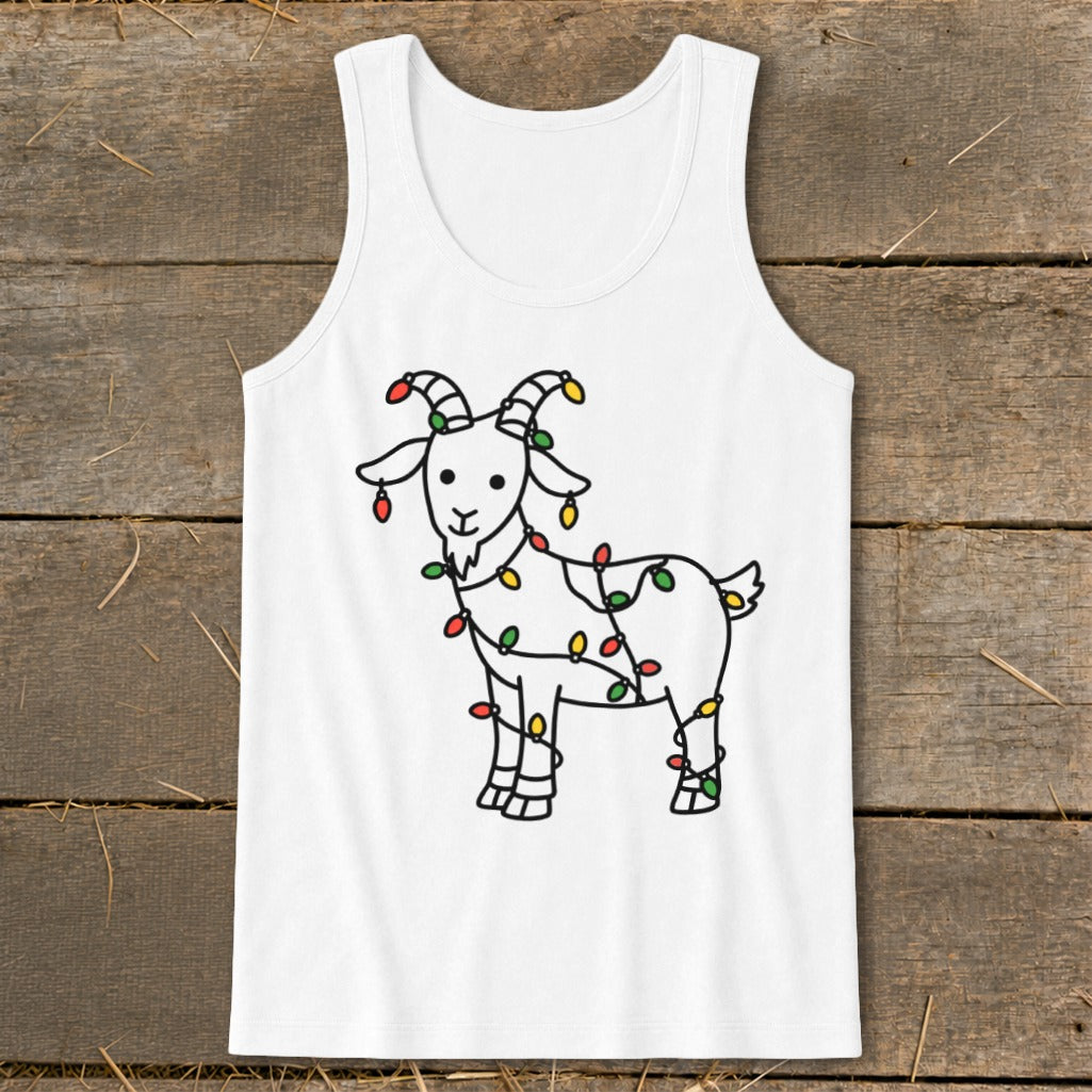 White tank top with a cartoon goat wrapped in colorful Christmas lights.