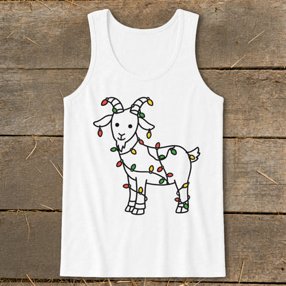 White tank top with a cartoon goat wrapped in colorful Christmas lights.