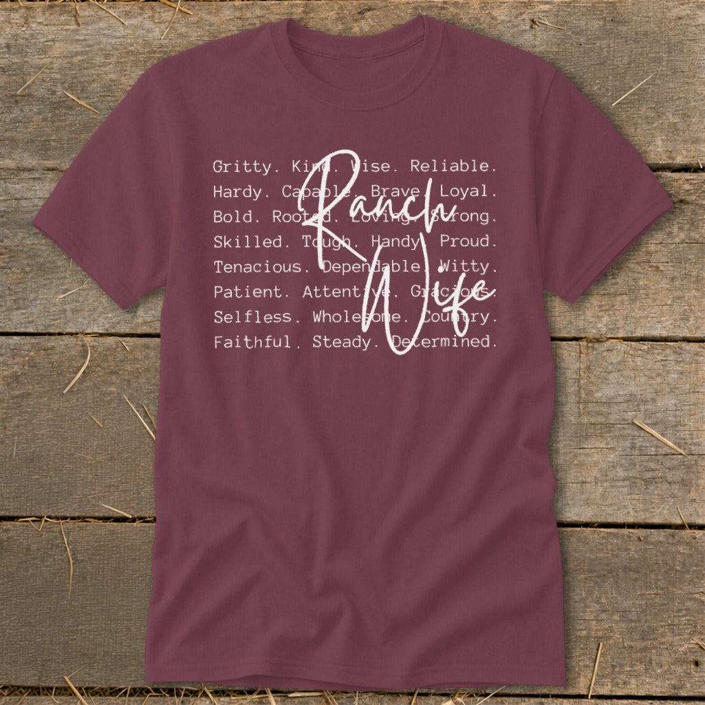 Maroon t-shirt with "Ranch Wife" text and descriptive words in white.