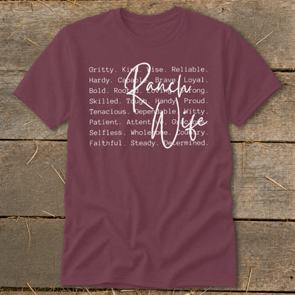 Maroon t-shirt with "Ranch Wife" text and descriptive words in white.