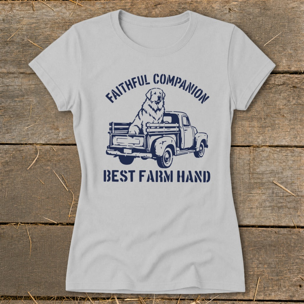 Light gray t-shirt with navy graphic of dog in truck, "Faithful Companion" and "Best Farm Hand."