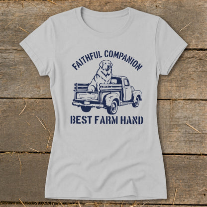Light gray t-shirt with navy graphic of dog in truck, "Faithful Companion" and "Best Farm Hand."