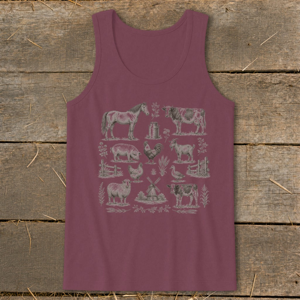 Tank top with a vintage farm animal illustration collage in grey.