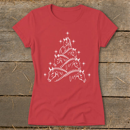 Red t-shirt with white horse Christmas tree graphic and stars.