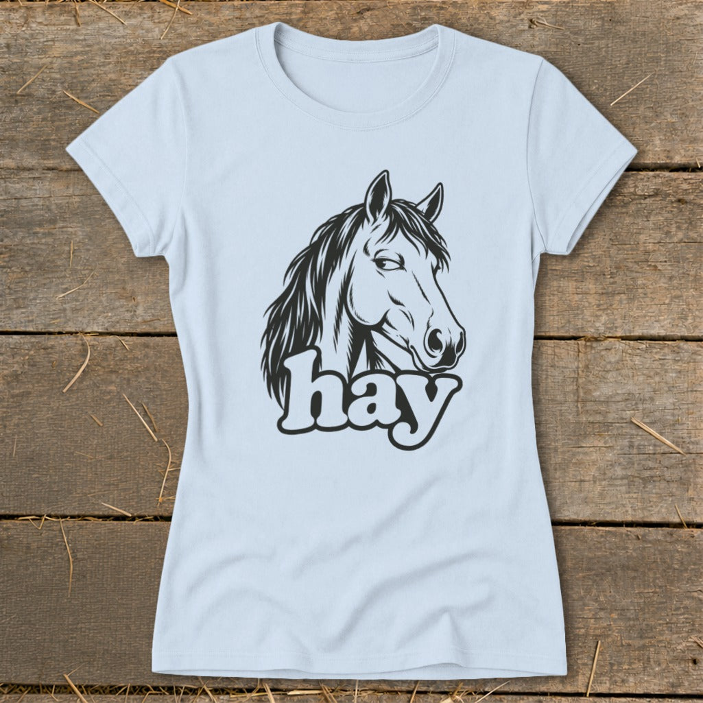 Light blue t-shirt with a black line drawing of a horse's head and the word "hay".