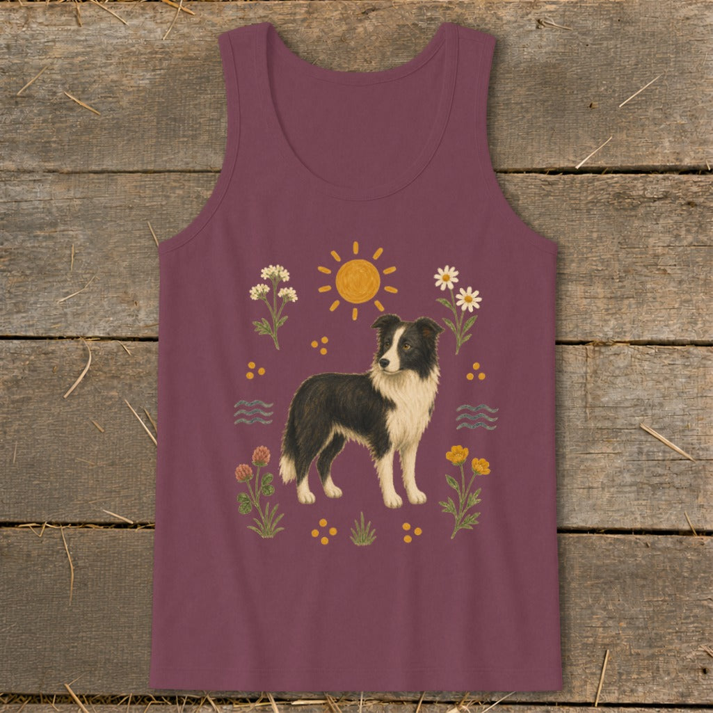 Burgundy tank top with a watercolor illustration of a border collie surrounded by flowers and sun.