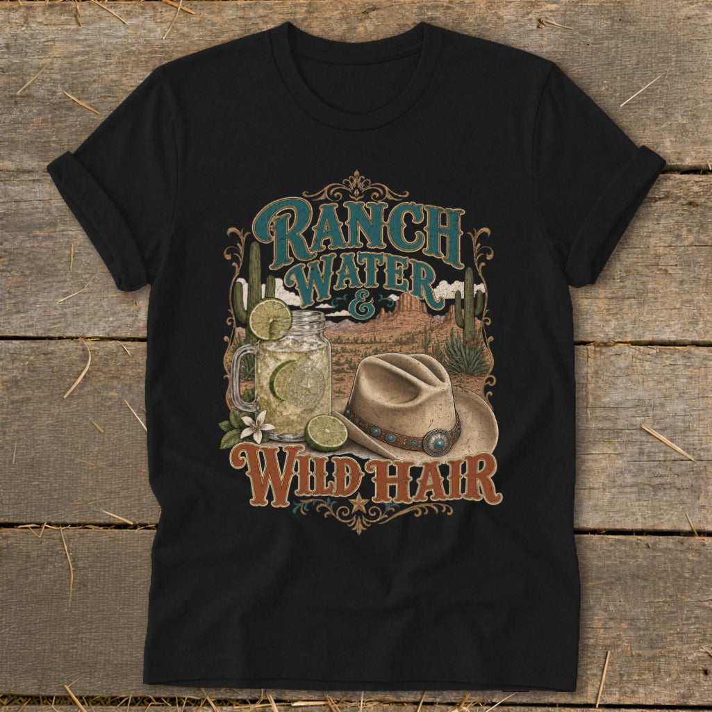 Ranch Water & Wild Hair graphic on black t-shirt with mason jar, hat, and desert scene.