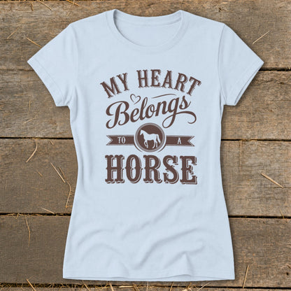 Light blue t-shirt with "My Heart Belongs To A Horse" graphic.