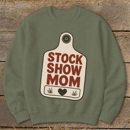 Olive green sweatshirt with a cream tag graphic that reads "STOCK SHOW MOM".