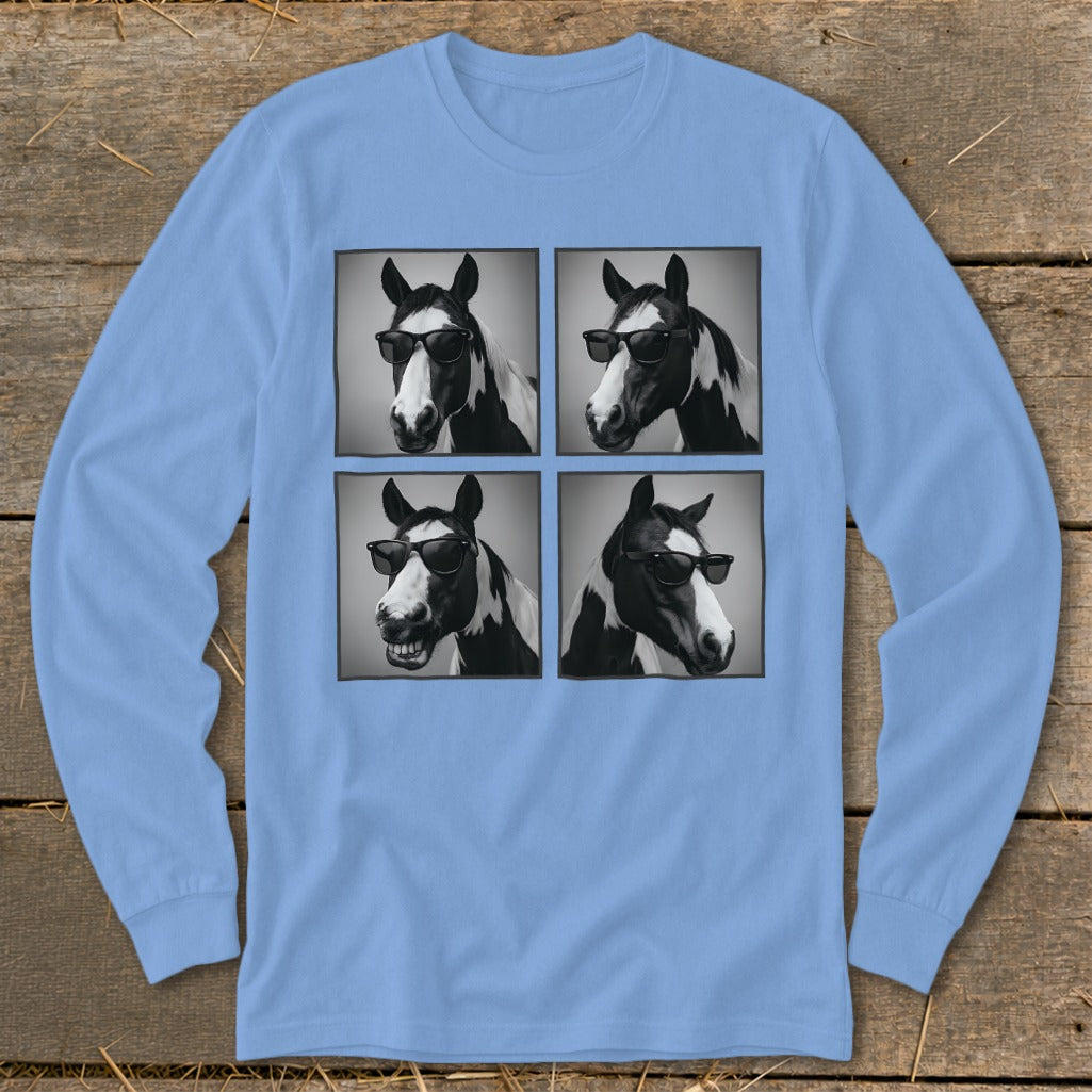 Four black and white portraits of a horse wearing sunglasses, arranged in a grid.