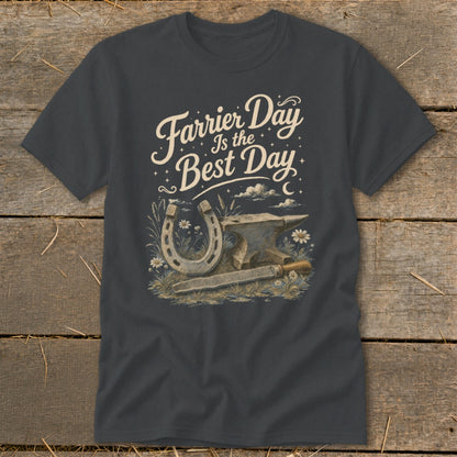 Dark grey t-shirt with text "Farrier Day Is the Best Day" and horseshoe, anvil, and file graphic.