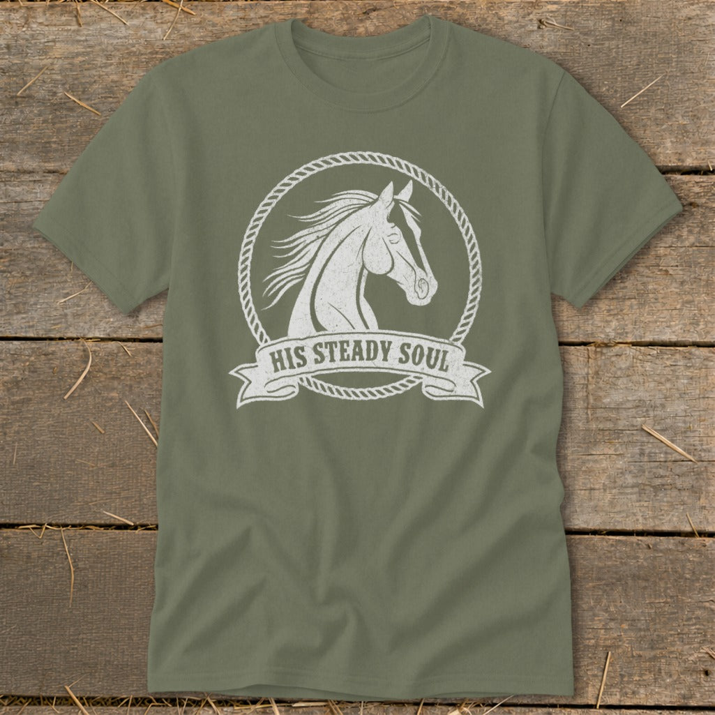 Green t-shirt with white horse design and "HIS STEADY SOUL" text.