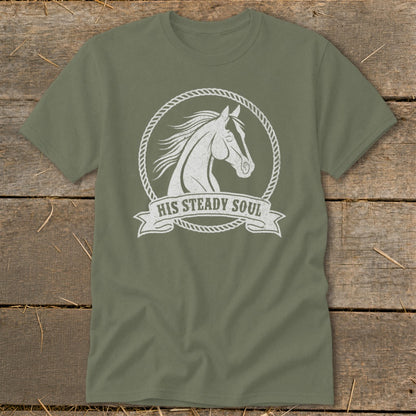 Green t-shirt with white horse design and "HIS STEADY SOUL" text.