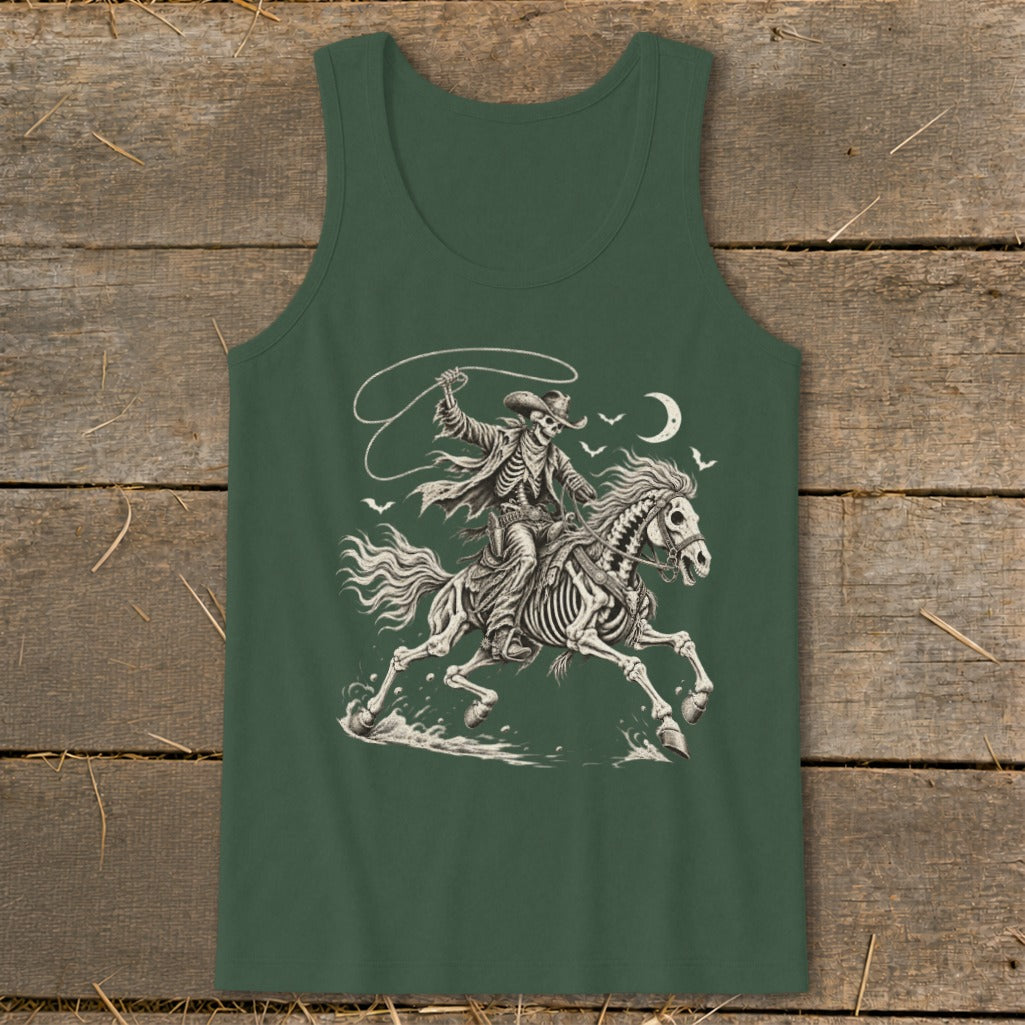 Skeleton cowboy on horseback with lasso under a crescent moon.