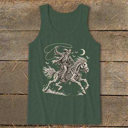 Skeleton cowboy on horseback with lasso under a crescent moon.