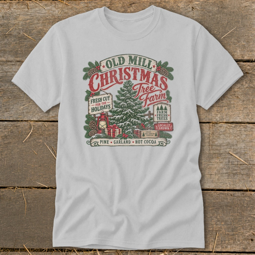 "Old Mill Christmas Tree Farm" graphic with festive elements and text.