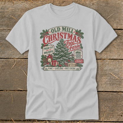 "Old Mill Christmas Tree Farm" graphic with festive elements and text.