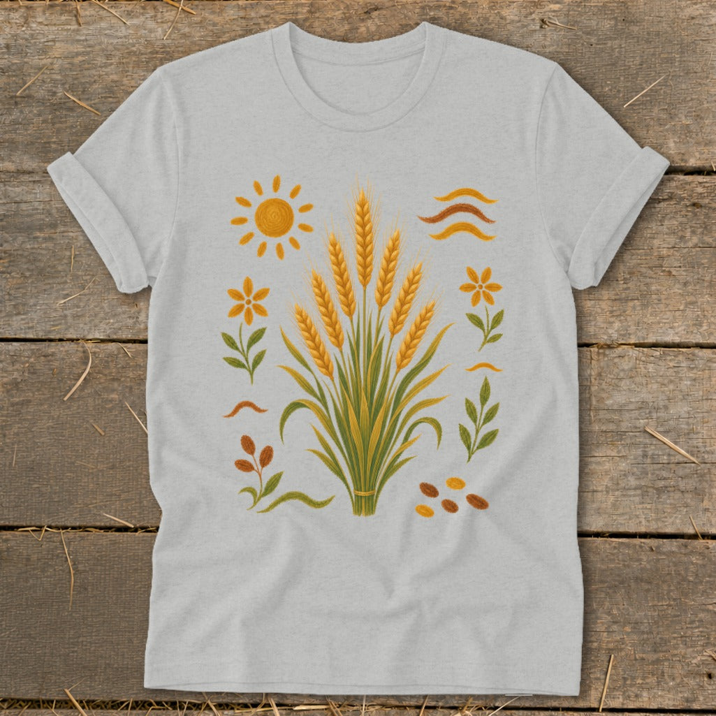 Light grey t-shirt with a wheat stalk graphic and surrounding floral and sun elements.