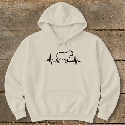 Cream-colored hooded sweatshirt featuring a black graphic of a sheep integrated into a heartbeat line.