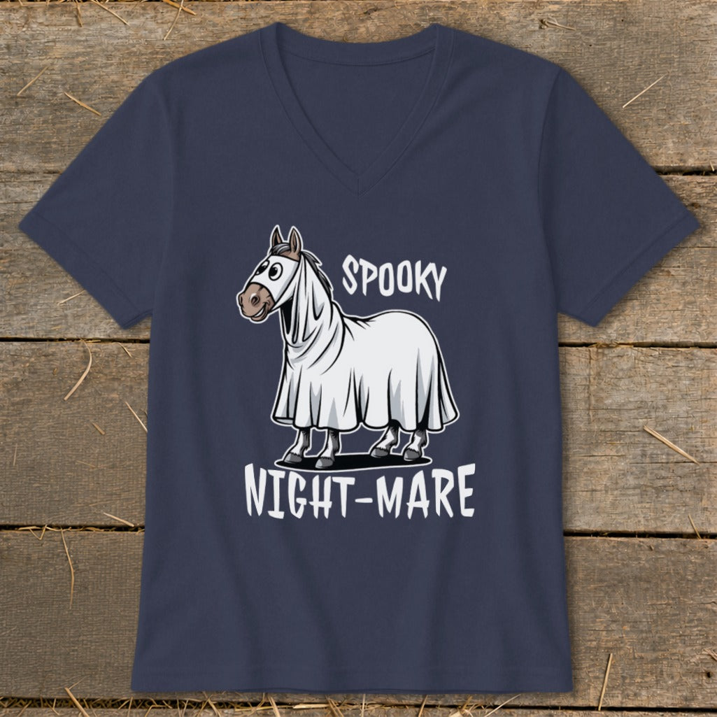 Dark blue t-shirt with a cartoon horse wearing a ghost costume and text "SPOOKY NIGHT-MARE".