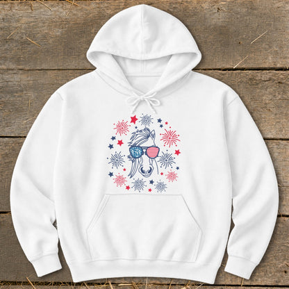 White hoodie with a horse wearing American flag sunglasses surrounded by fireworks.