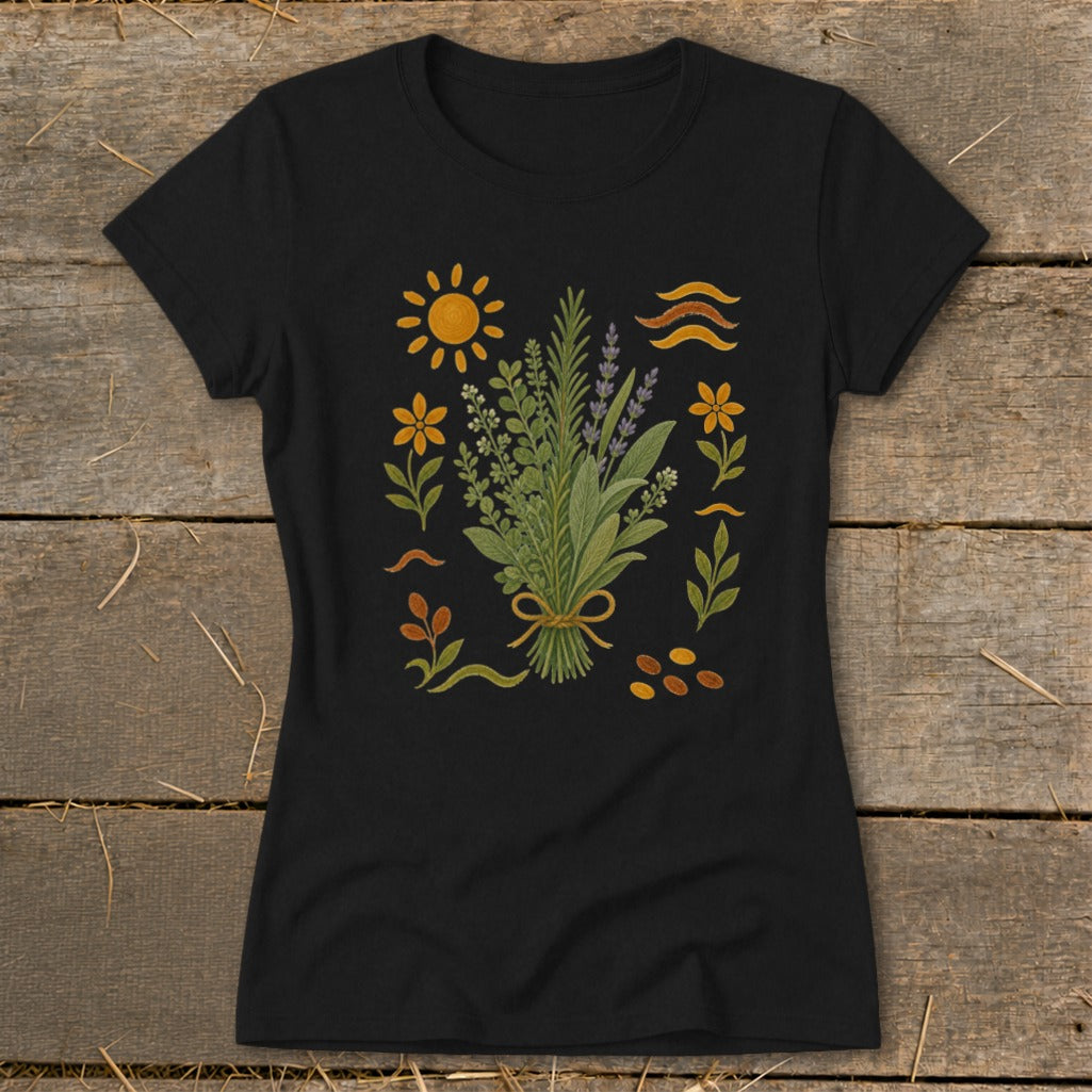 Black t-shirt with a botanical illustration of herbs, flowers, sun, and wavy lines.