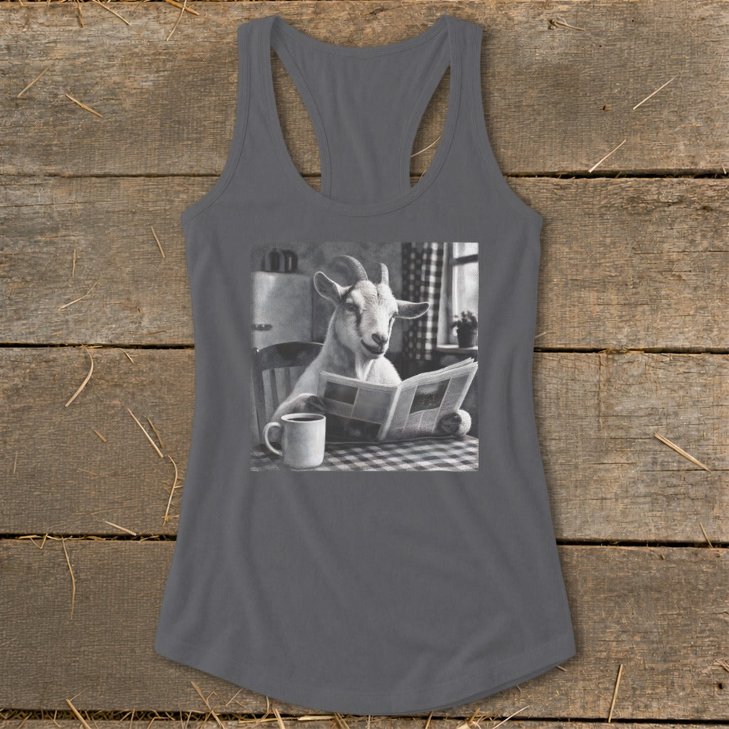 A dark gray women's racerback tank top featuring a graphic of a goat reading a newspaper at a kitchen table.