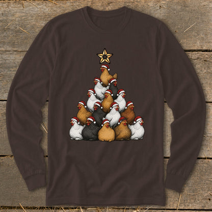 Chickens wearing Santa hats form a Christmas tree with a star on top.