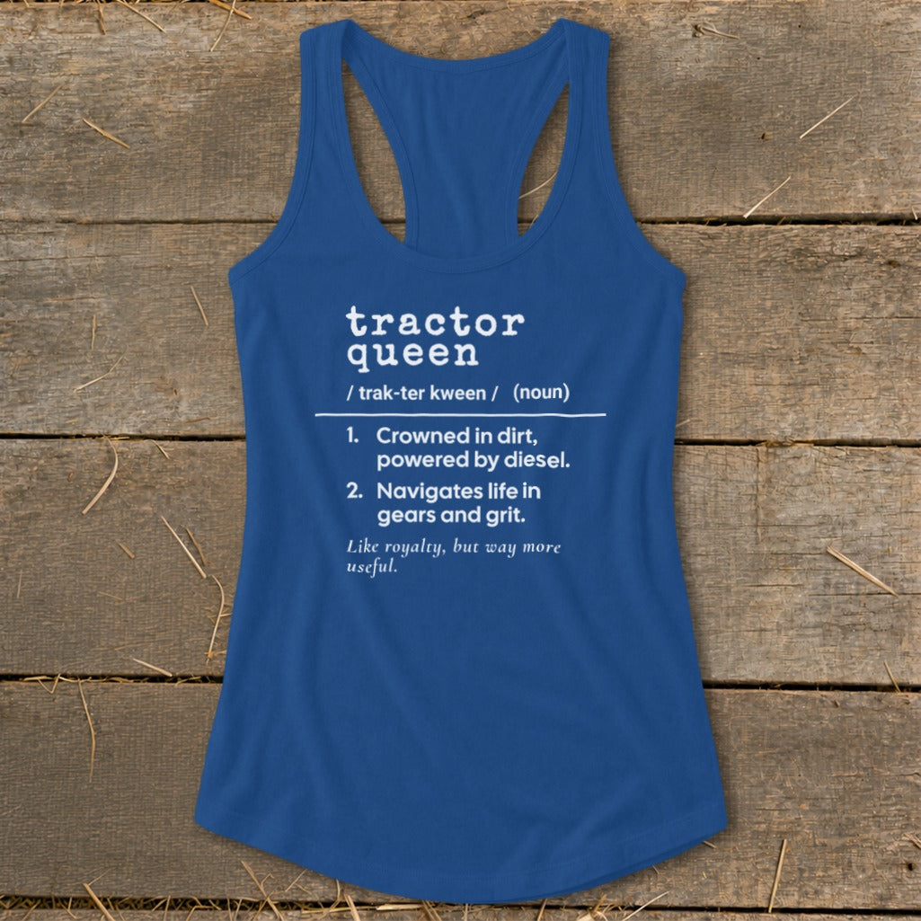 Blue tank top with "tractor queen" definition and humorous description.