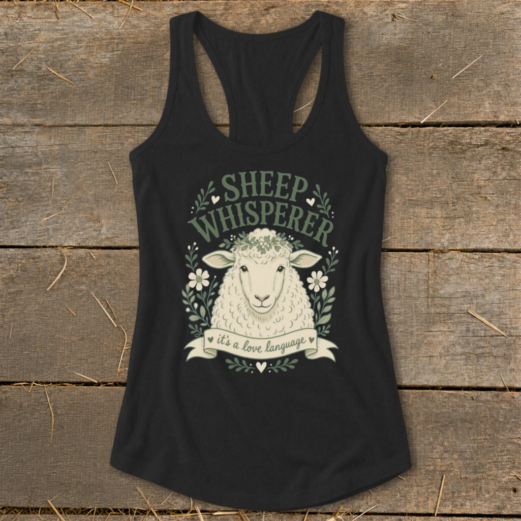 Black tank top with sheep illustration and text: "Sheep Whisperer, it's a love language."